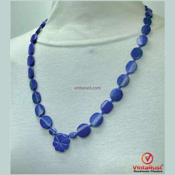 Blue Lapis Lazuli Necklace with Flower Pendant: Handmade Gemstone Jewelry - Picture 4 of 6